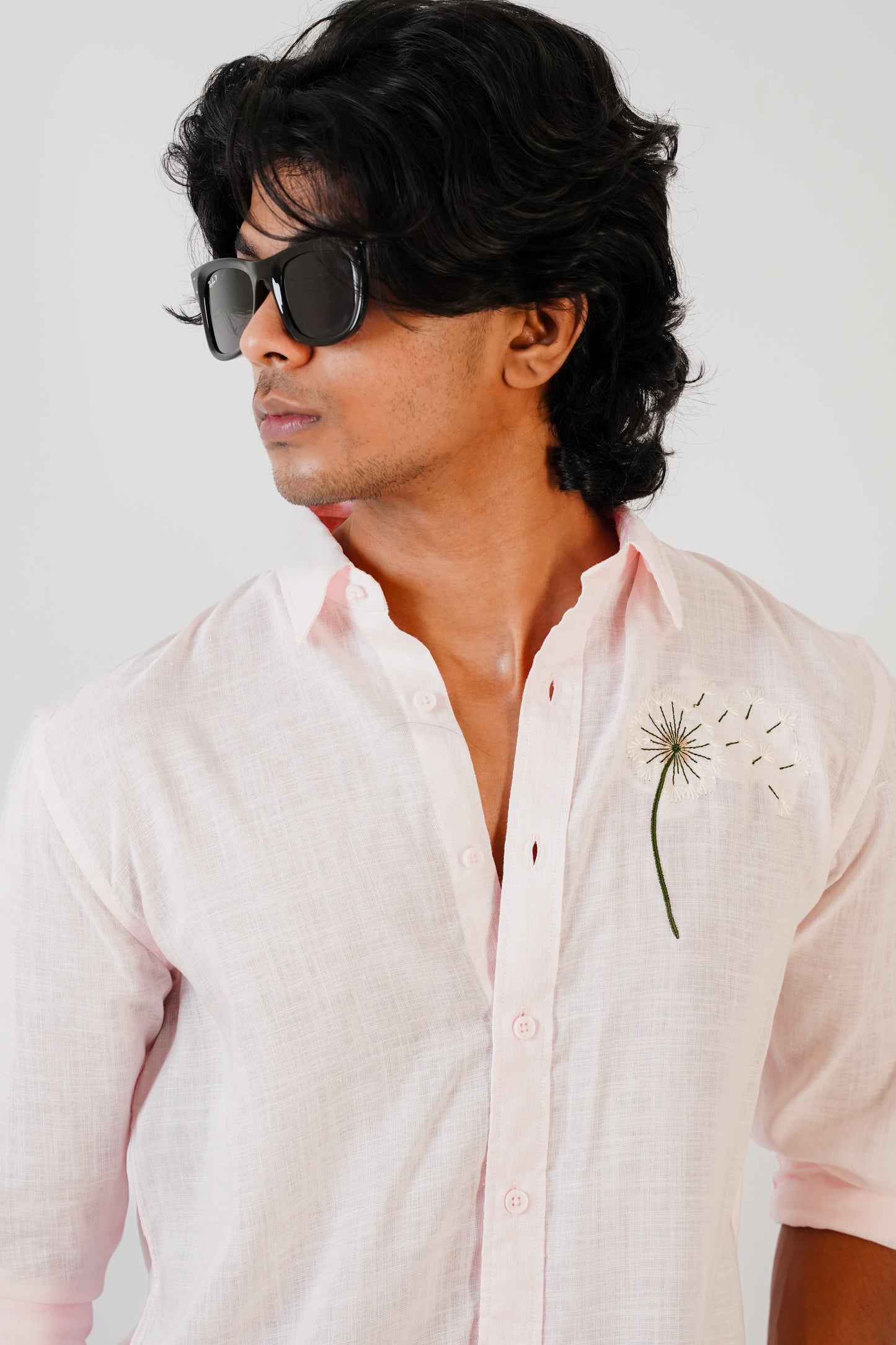 Floral Embroidered Baby Pink Linen Shirt