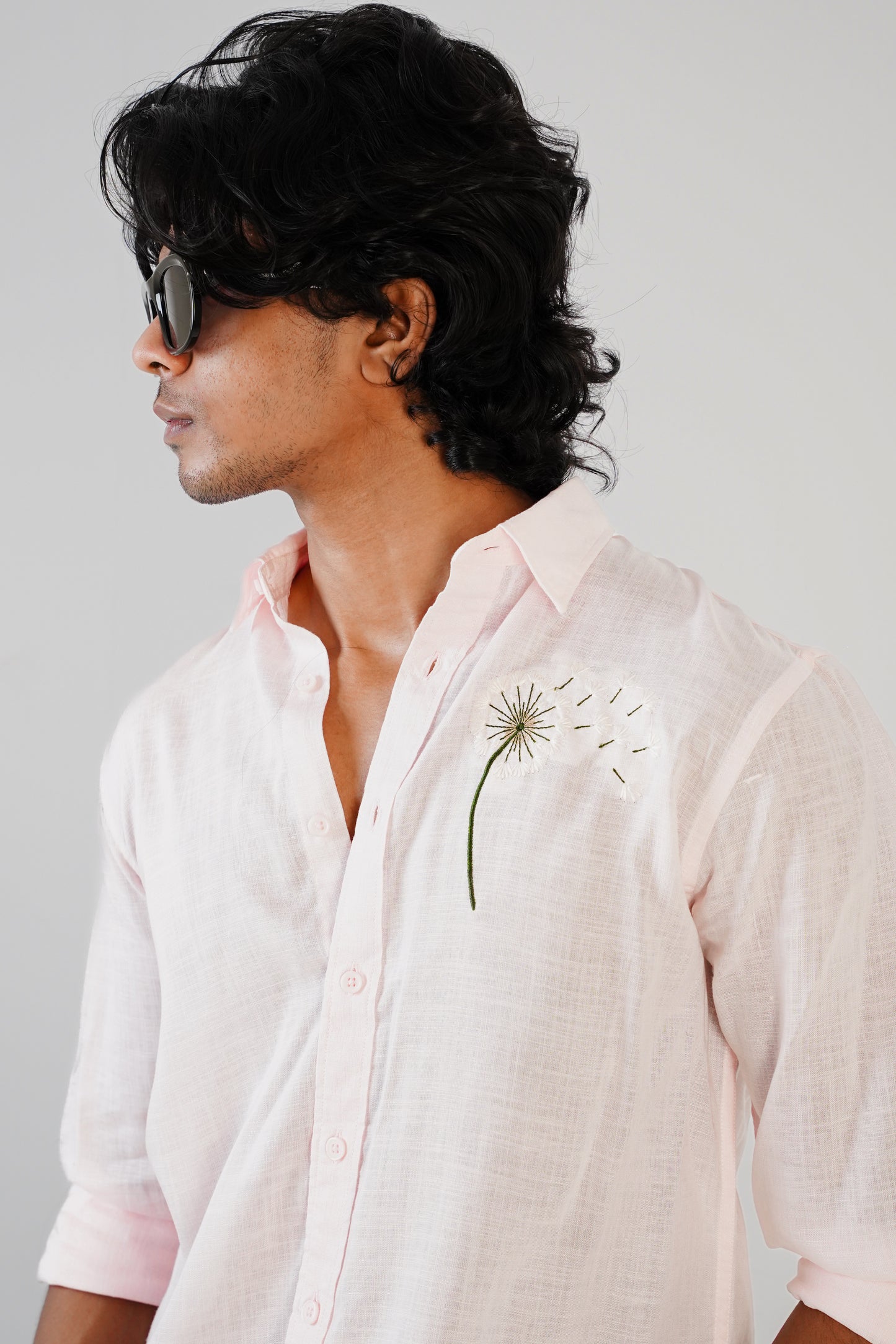 Floral Embroidered Baby Pink Linen Shirt