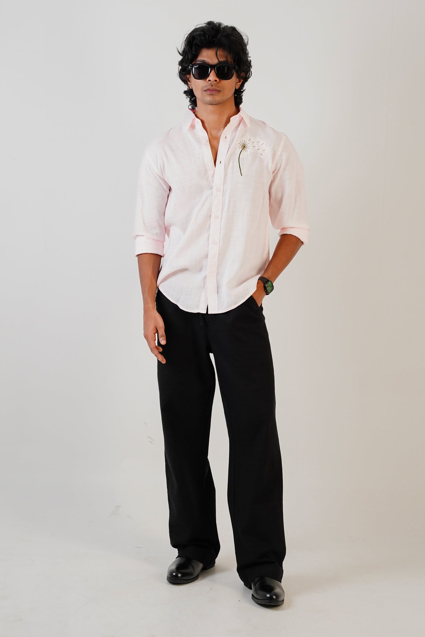 Floral Embroidered Baby Pink Linen Shirt