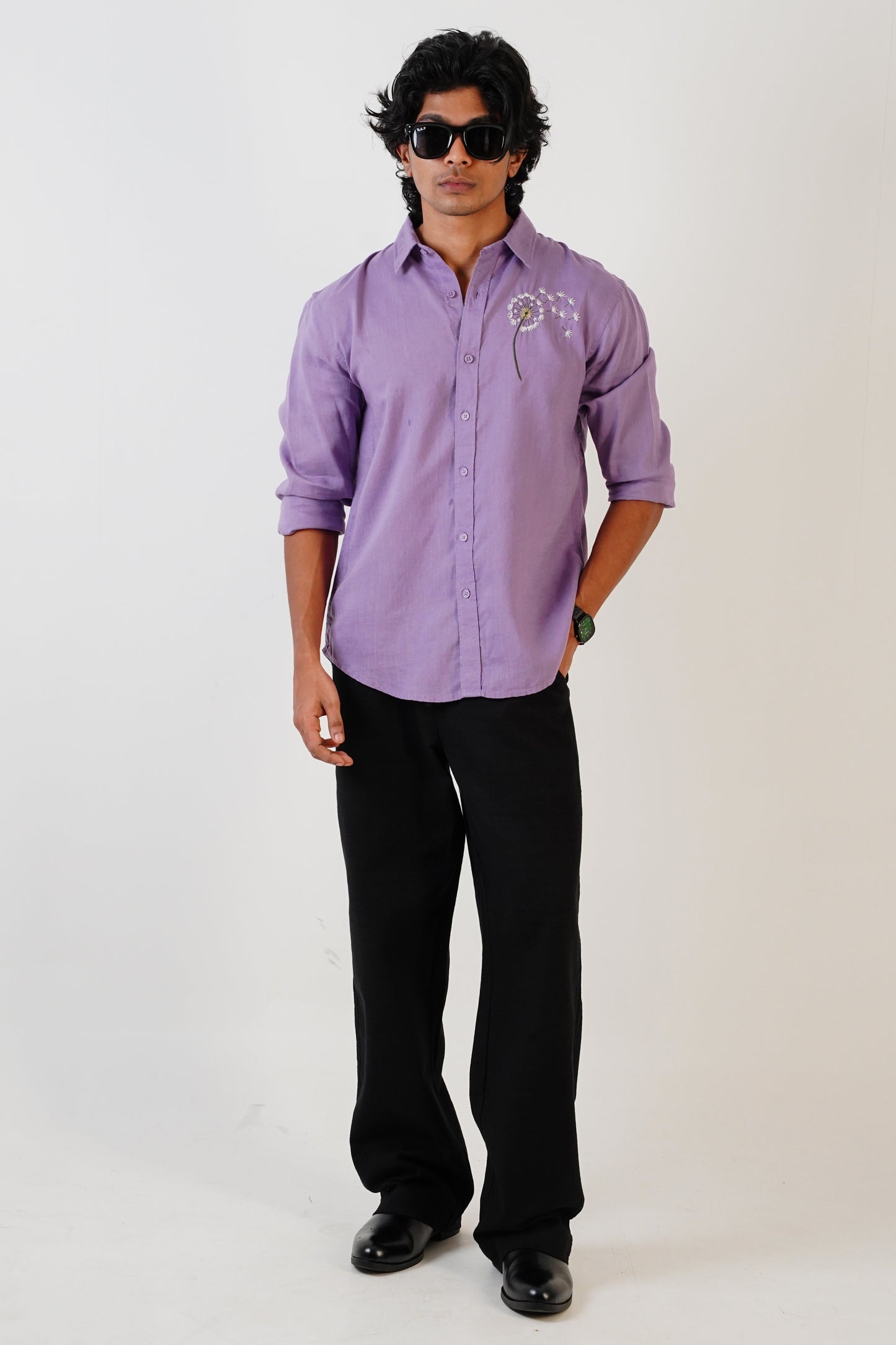Floral Embroidered Lavender Purple Linen Shirt