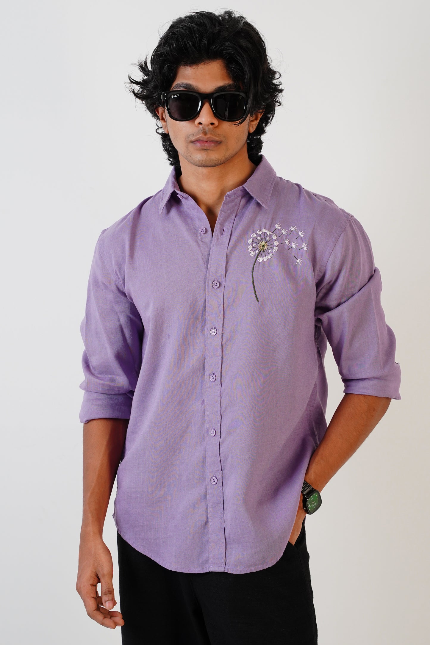 Floral Embroidered Lavender Purple Linen Shirt