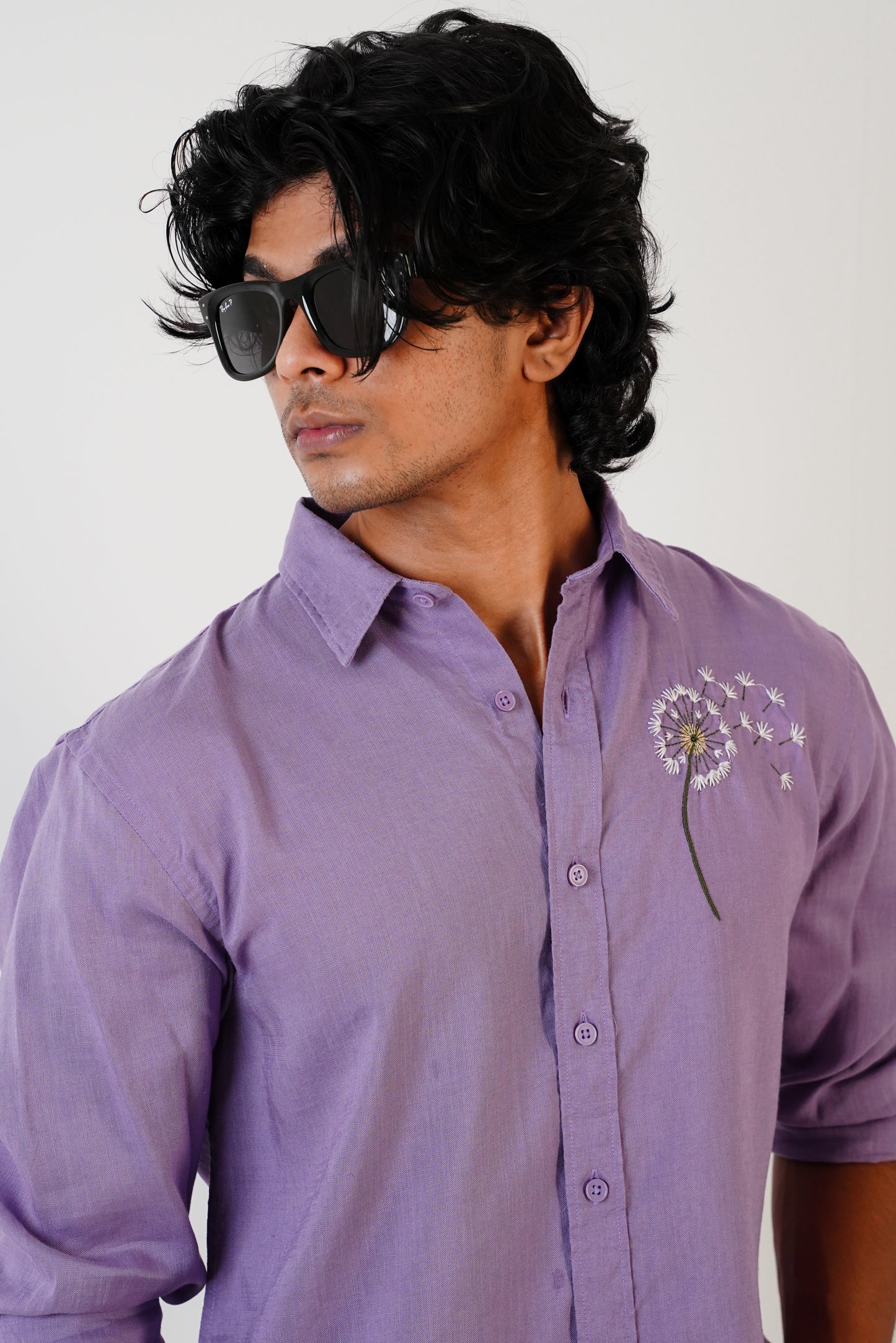 Floral Embroidered Lavender Purple Linen Shirt
