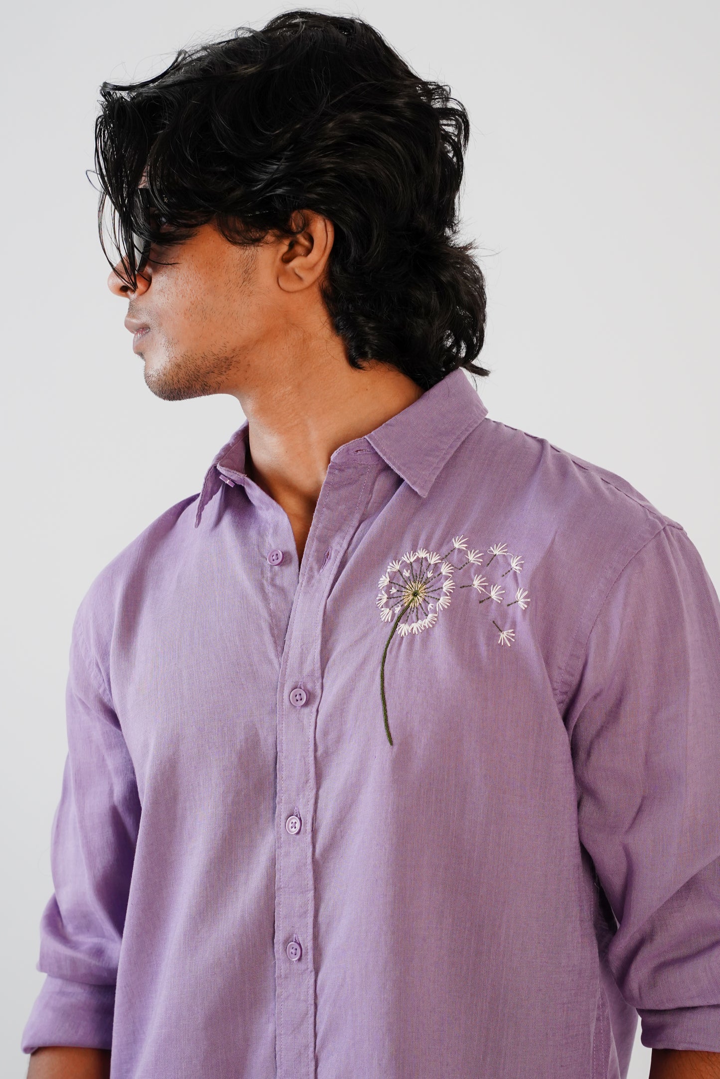 Floral Embroidered Lavender Purple Linen Shirt