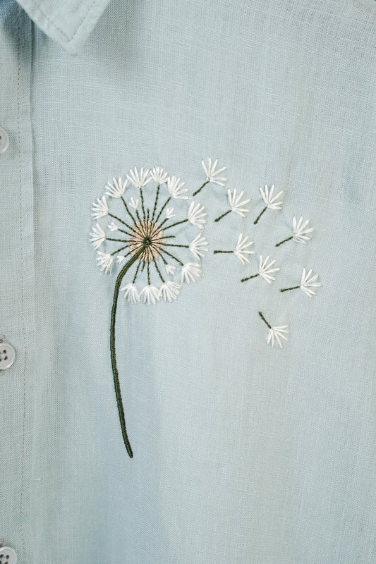 Floral Embroidered Cloud Blue Linen Shirt