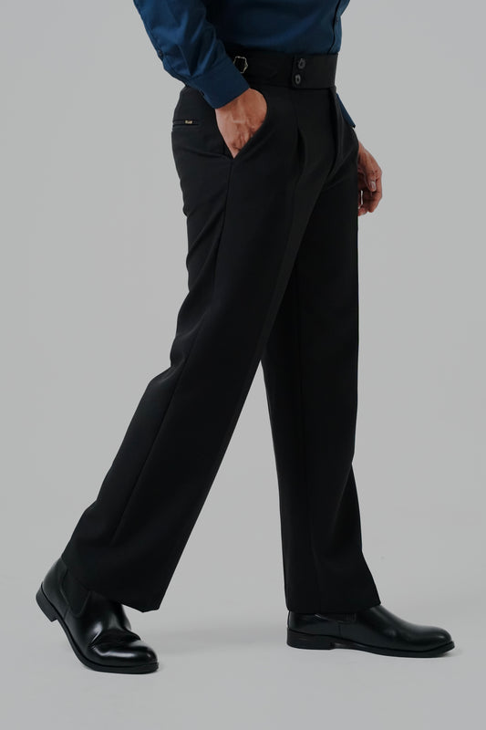 Pleated Black Gurkha Straight fit Trousers