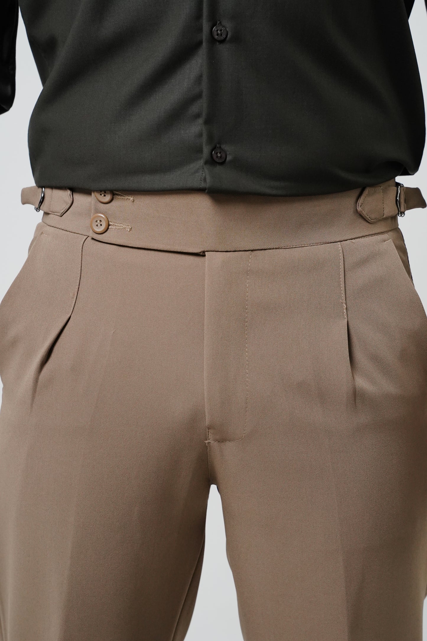 Pleated Mushroom Brown Gurkha Straight fit Trousers