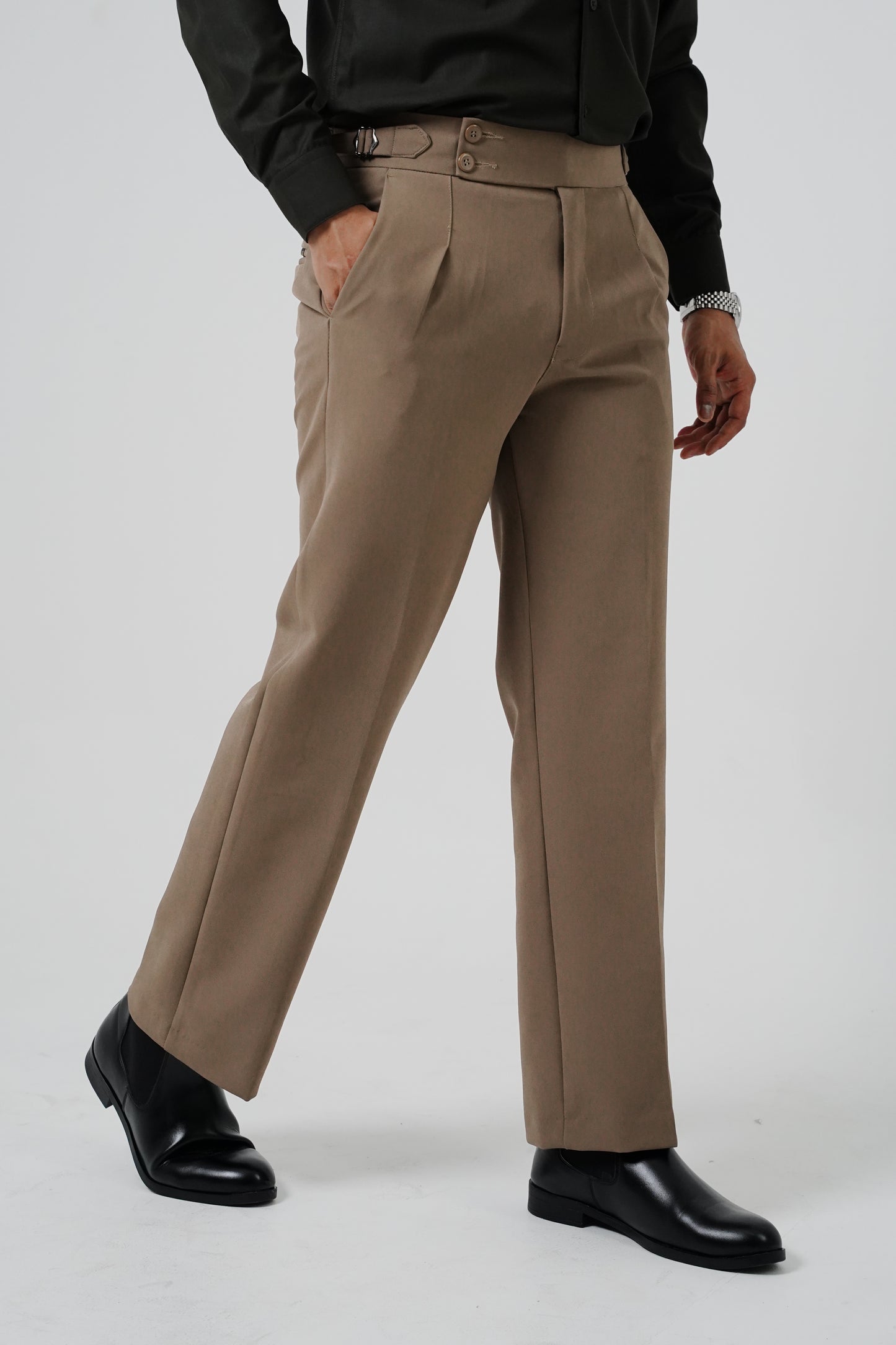 Pleated Mushroom Brown Gurkha Straight fit Trousers