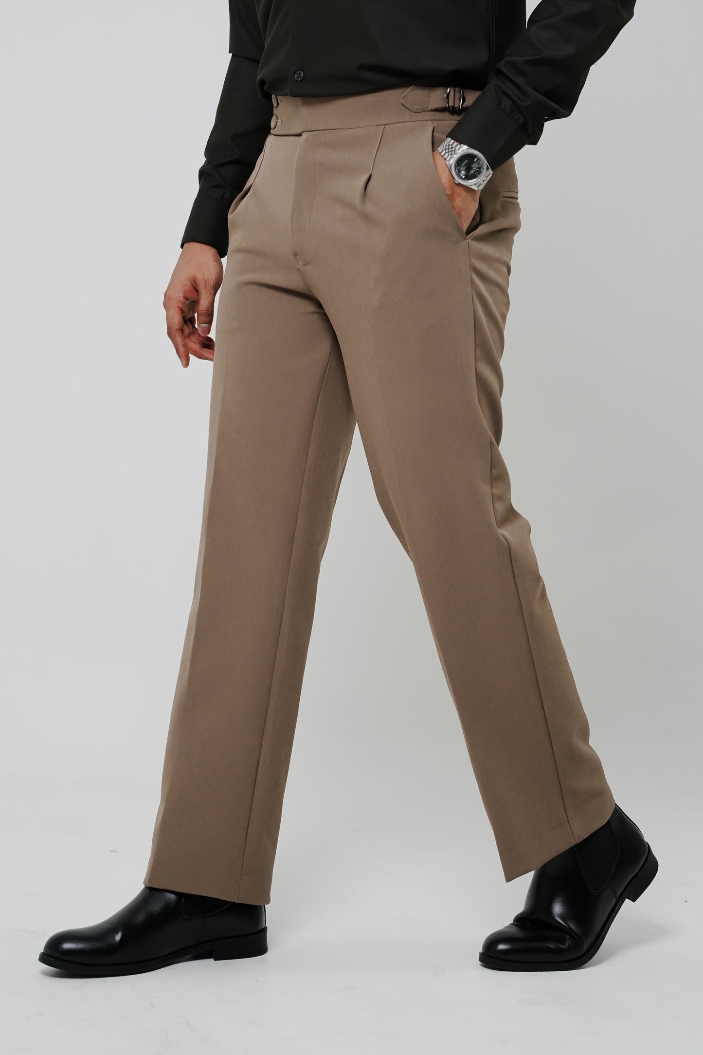 Pleated Mushroom Brown Gurkha Straight fit Trousers