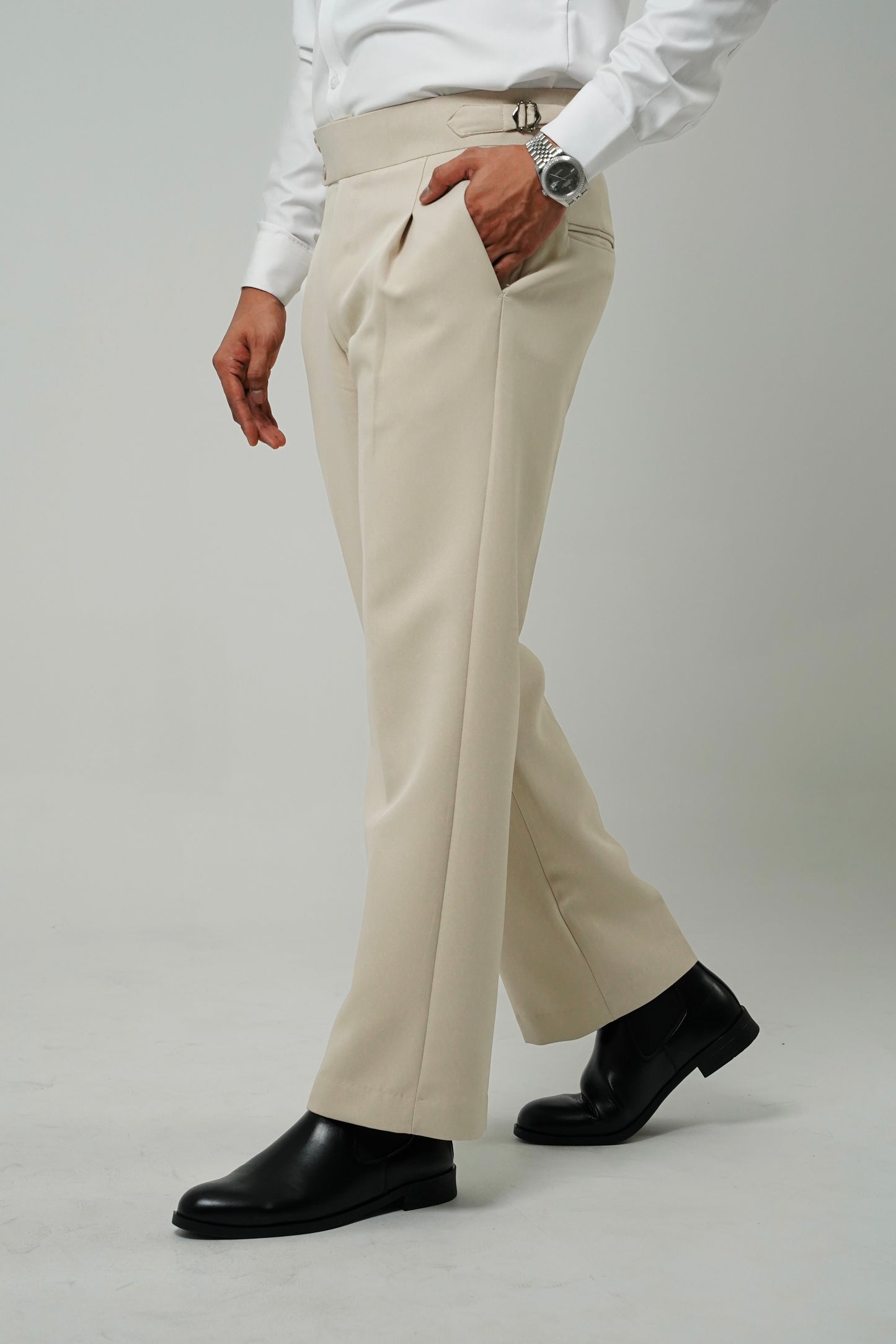 Pleated Beige Gurkha Straight fit Trousers