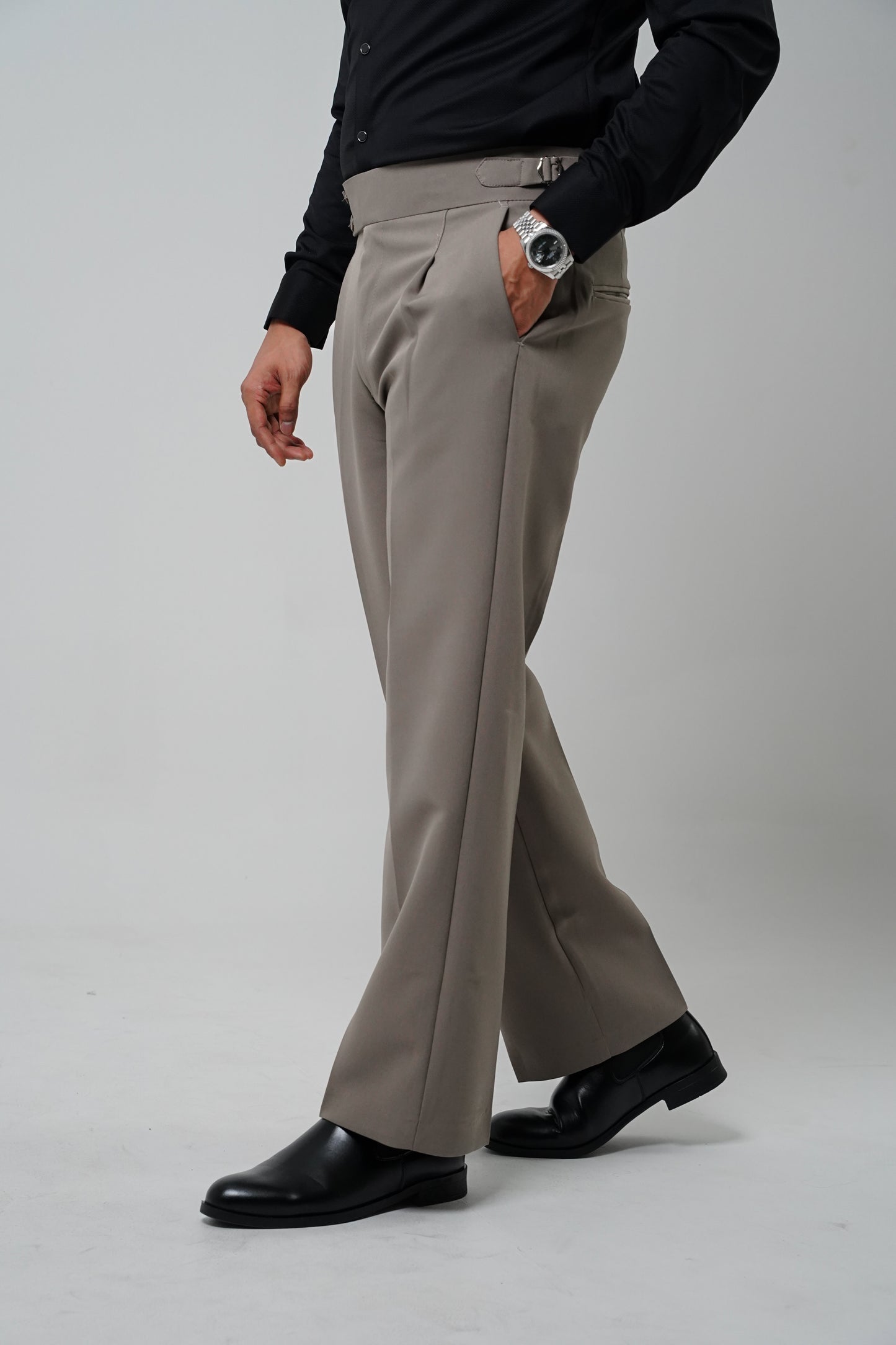 Pleated Dark Grey Gurkha Straight fit Trousers