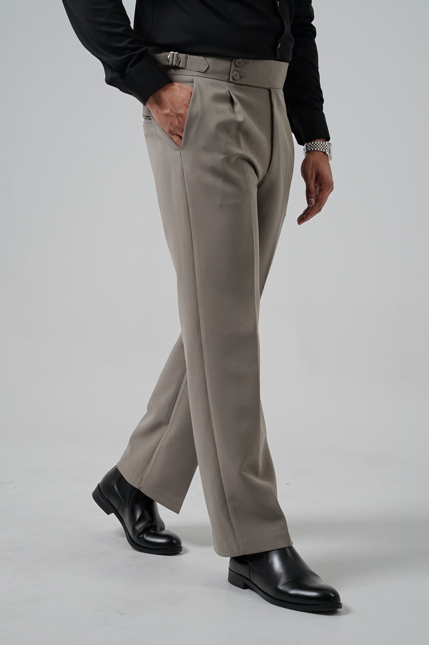 Pleated Dark Grey Gurkha Straight fit Trousers