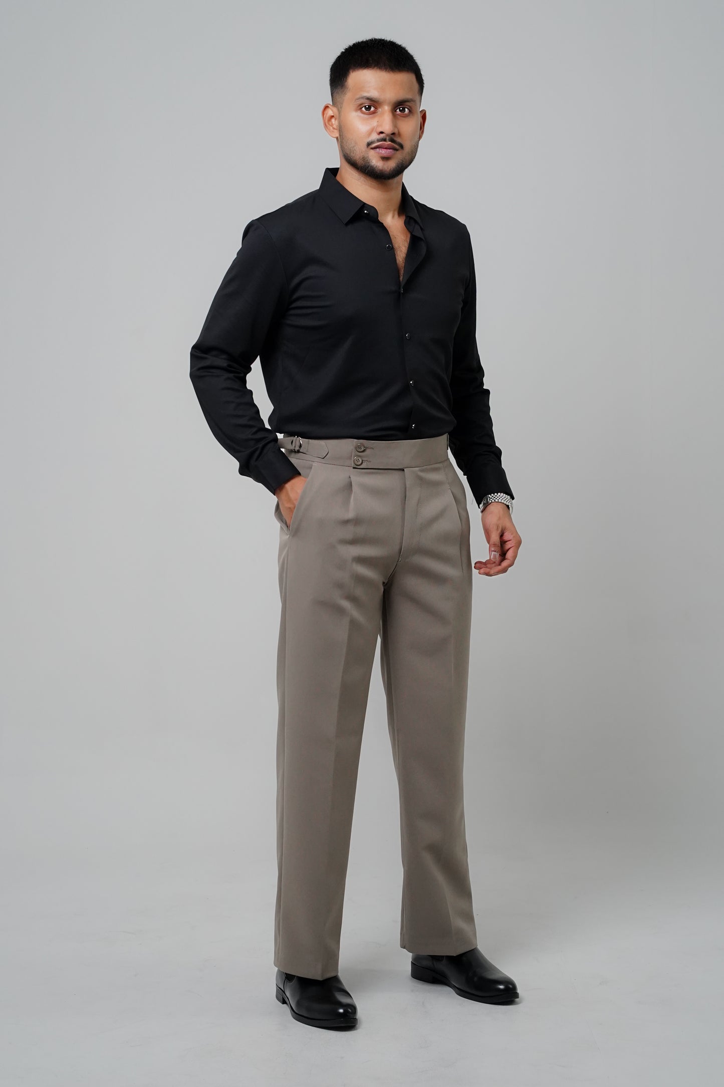 Pleated Dark Grey Gurkha Straight fit Trousers