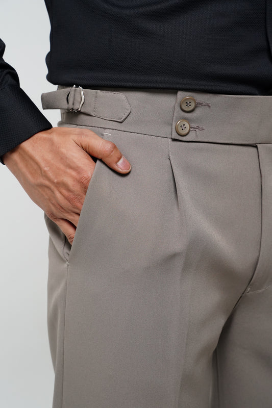 Pleated Dark Grey Gurkha Straight fit Trousers