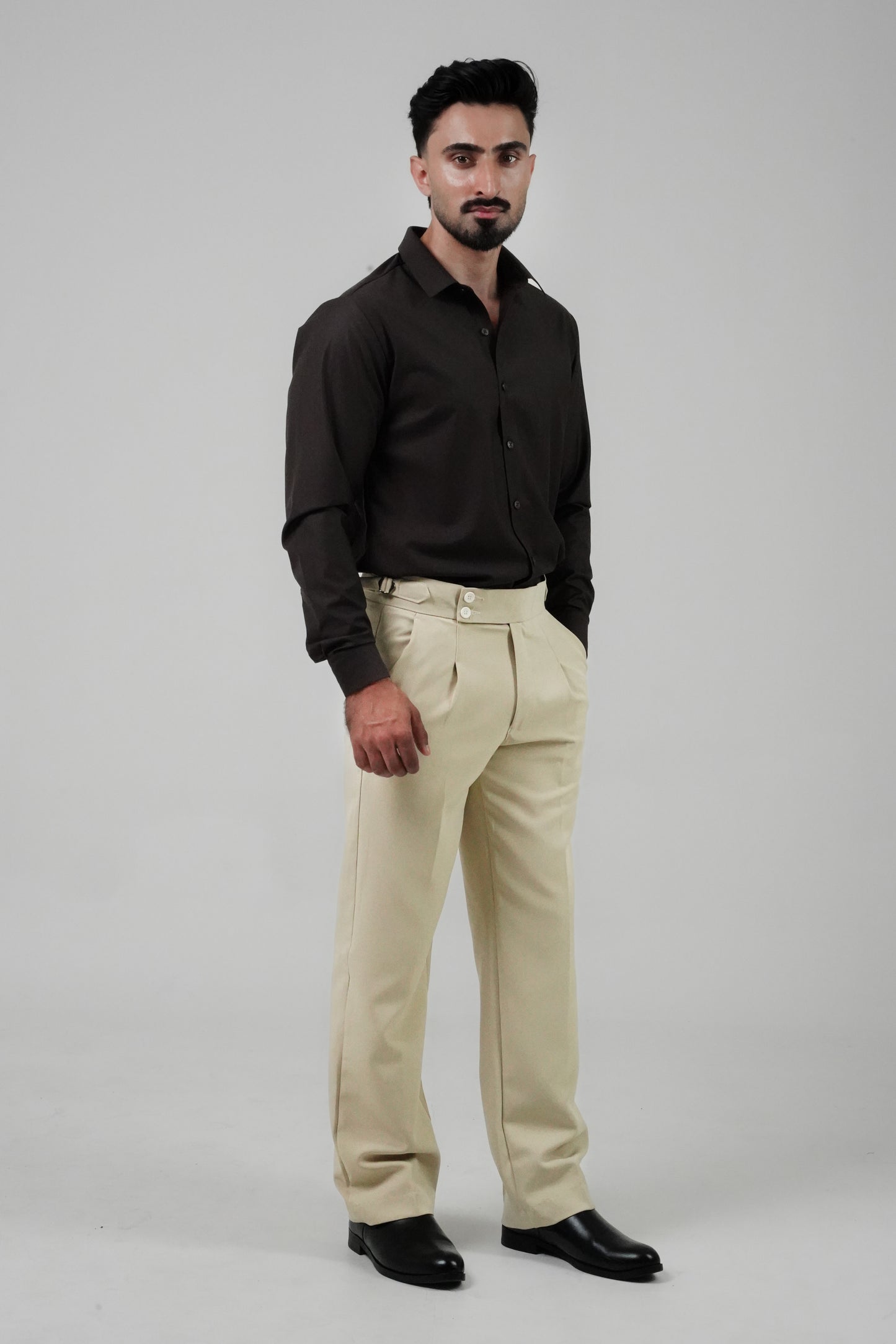 Pleated Light Beige Gurkha Straight fit Trousers