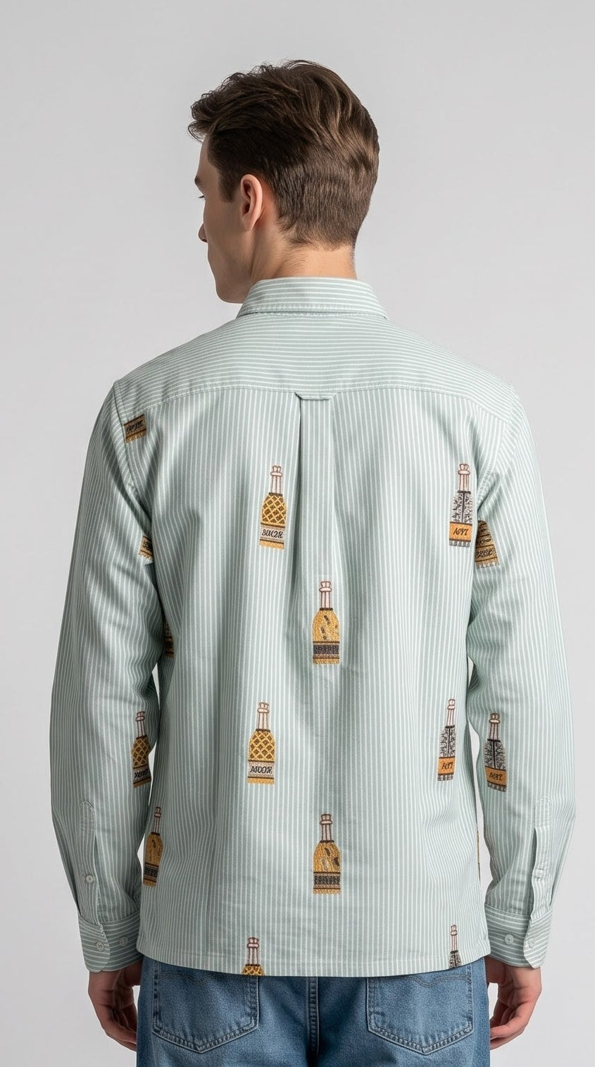 Bottle Embroidered Striped Boxy Fit Shirt - Sage Green
