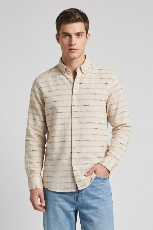 Beige Horizontal Stripe Oxford Shirt