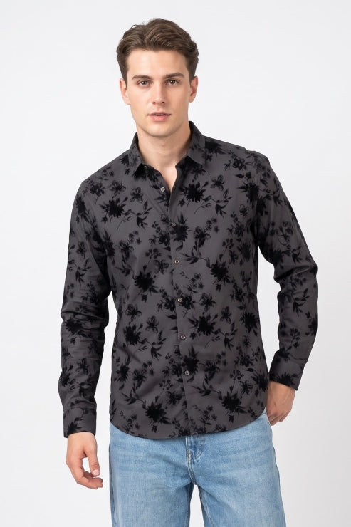 Black Velvet Floral Print Shirt