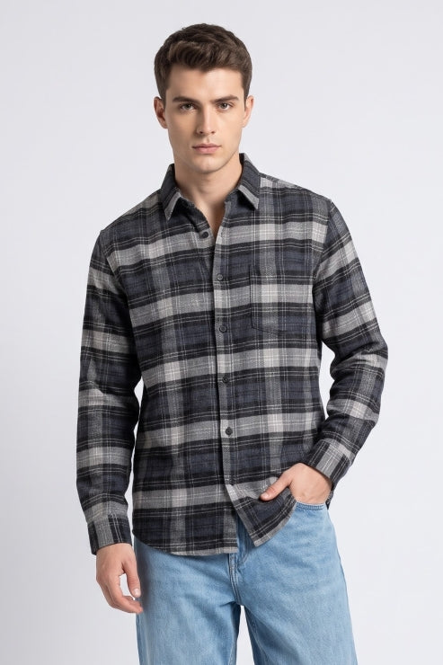 Dark Blue Brush Checks Shirt
