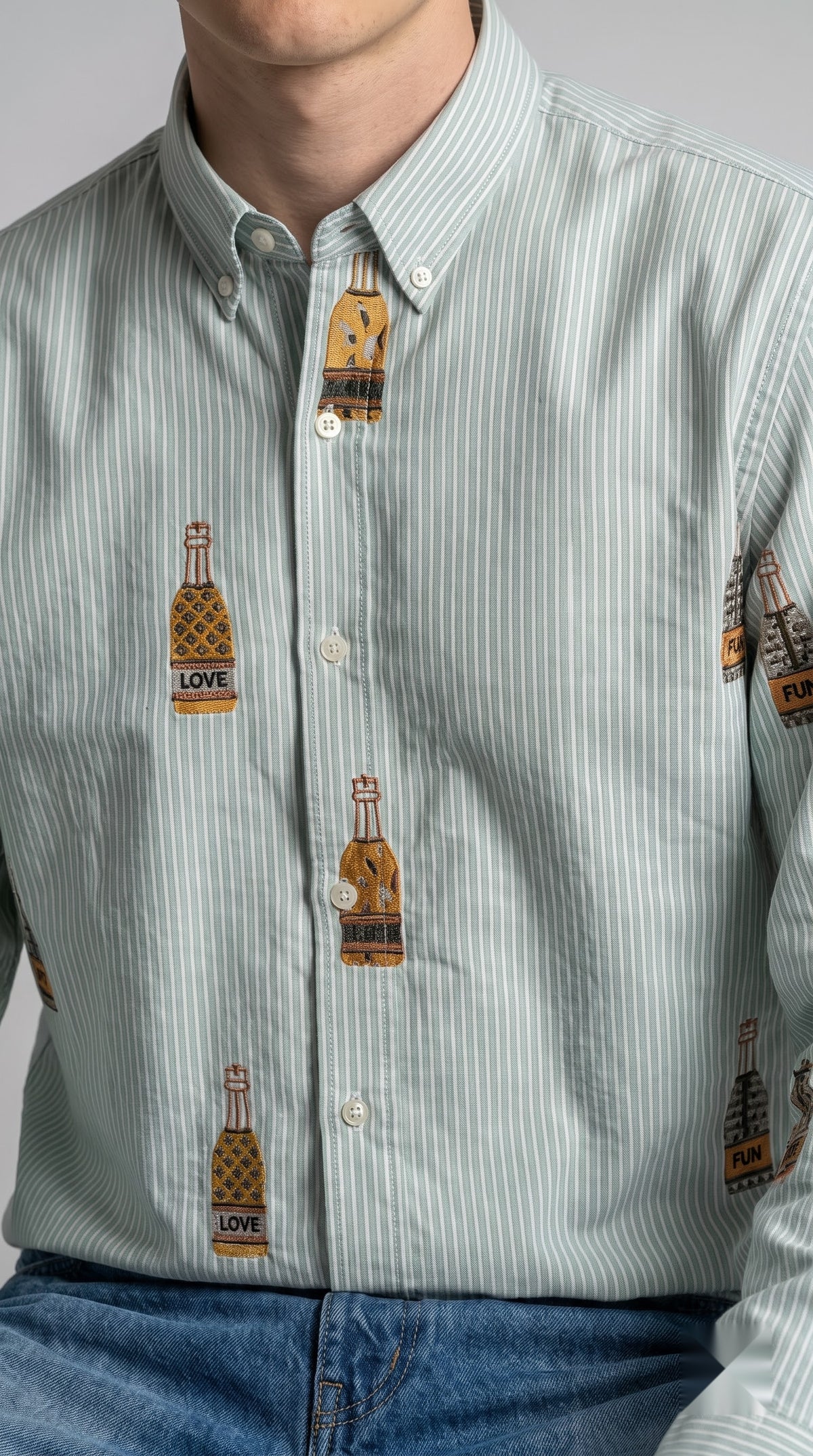 Bottle Embroidered Striped Boxy Fit Shirt - Sage Green