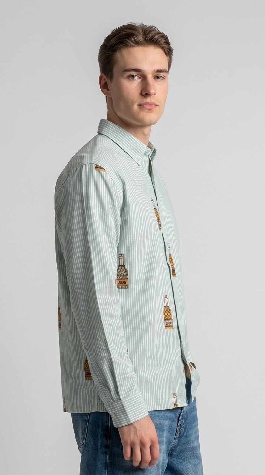 Bottle Embroidered Striped Boxy Fit Shirt - Sage Green
