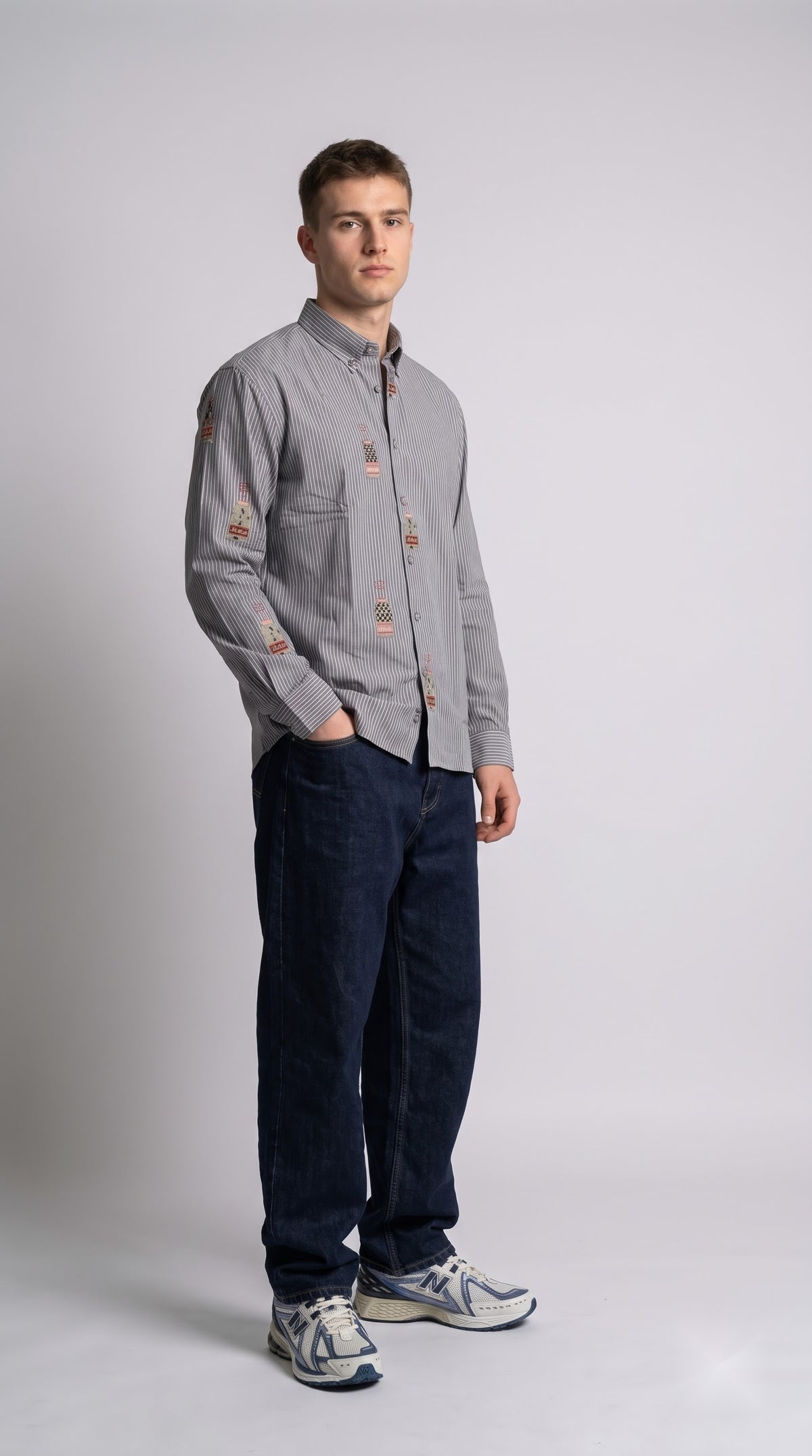 Bottle Embroidered Striped Boxy Fit Shirt - Grey