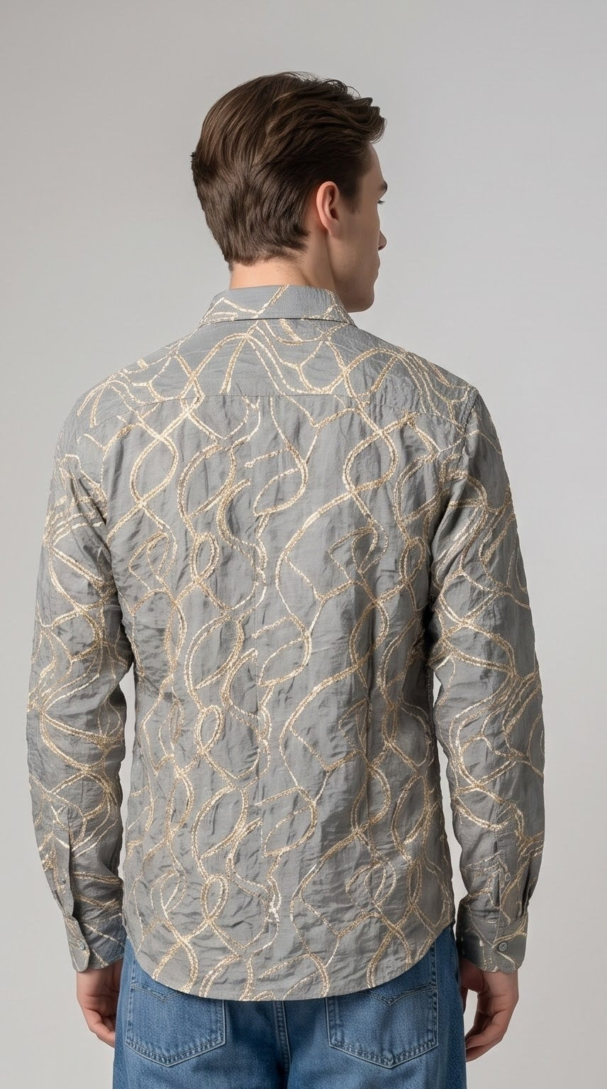 Abstract Embroidered Crushed Texture Shirt - Grey