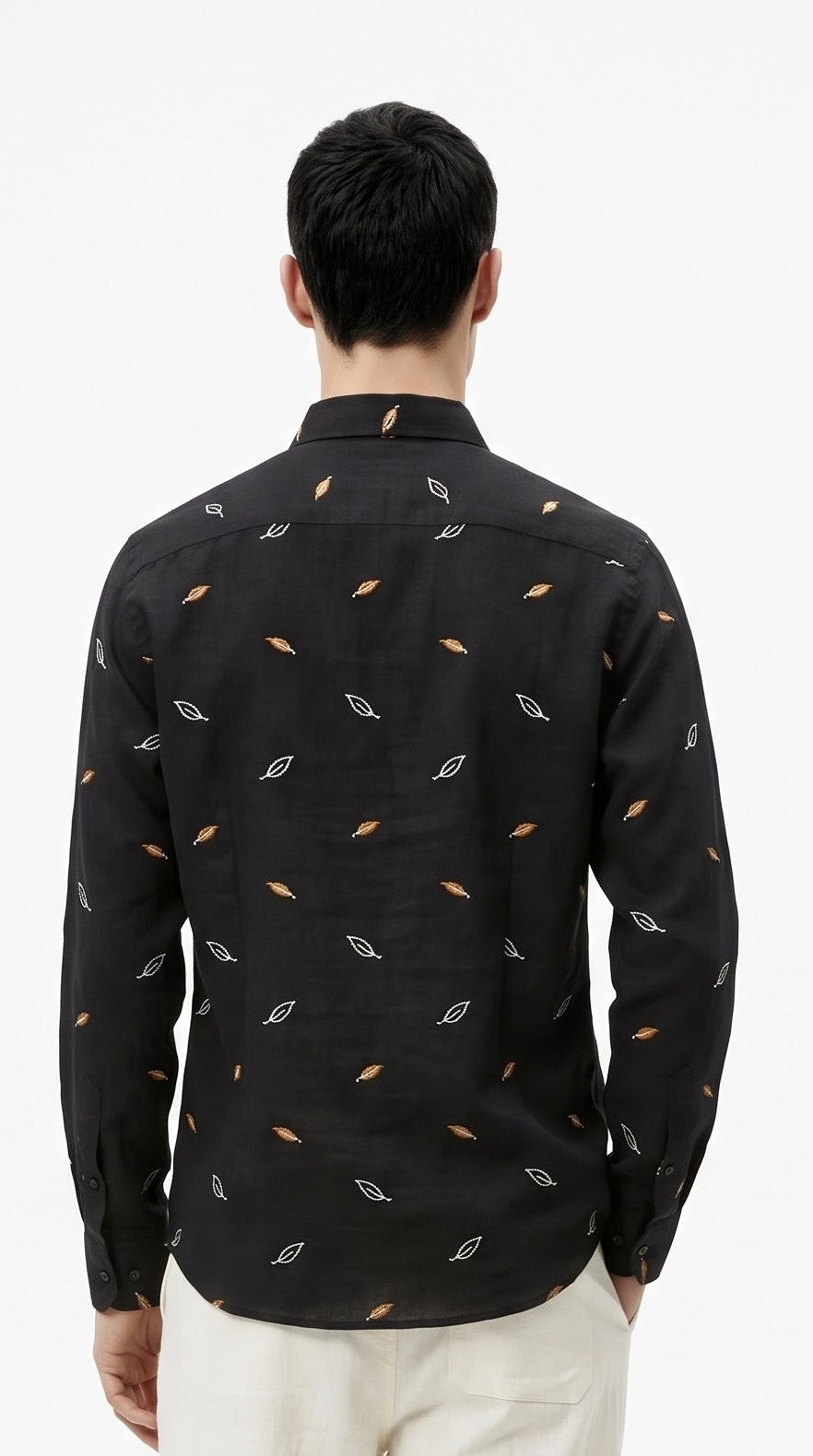 Leaf Embroidered Linen Shirt - Black