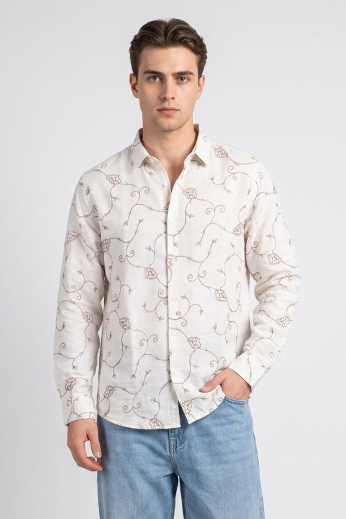 Abstract Symbol Embroidered Linen Shirt