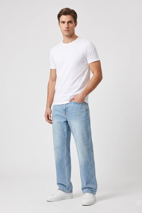 Straight Fit Denim Jeans - Light Blue Wash