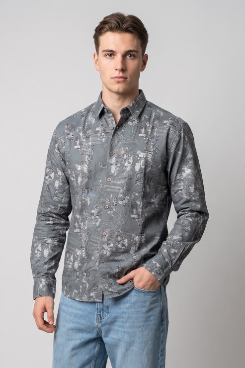 Abstract Cement Grey Print Regular Fit Shirt