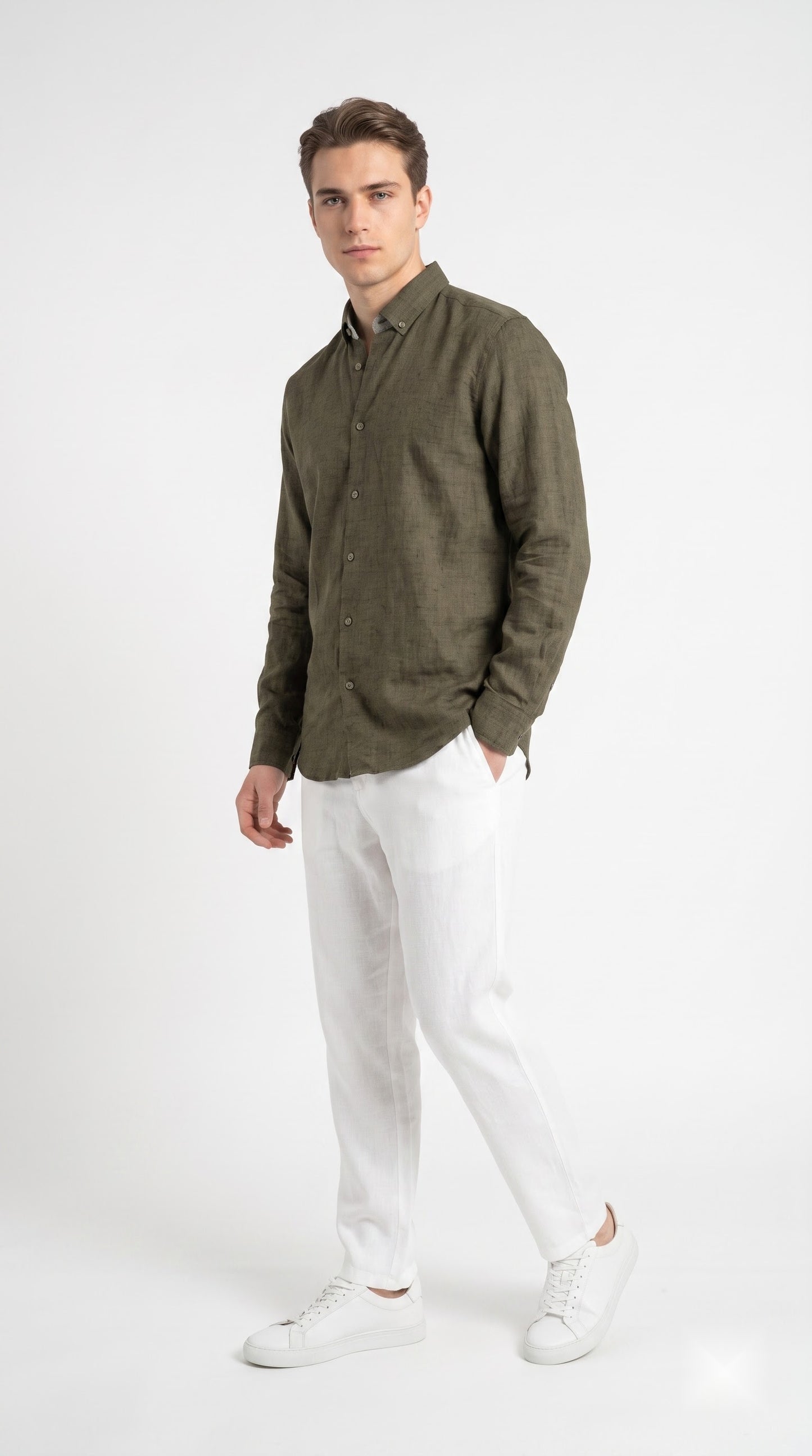 Olive Green Linen Regular Fit Shirt