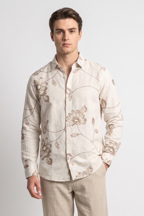 Abstract Floral Embroidered Linen Shirt