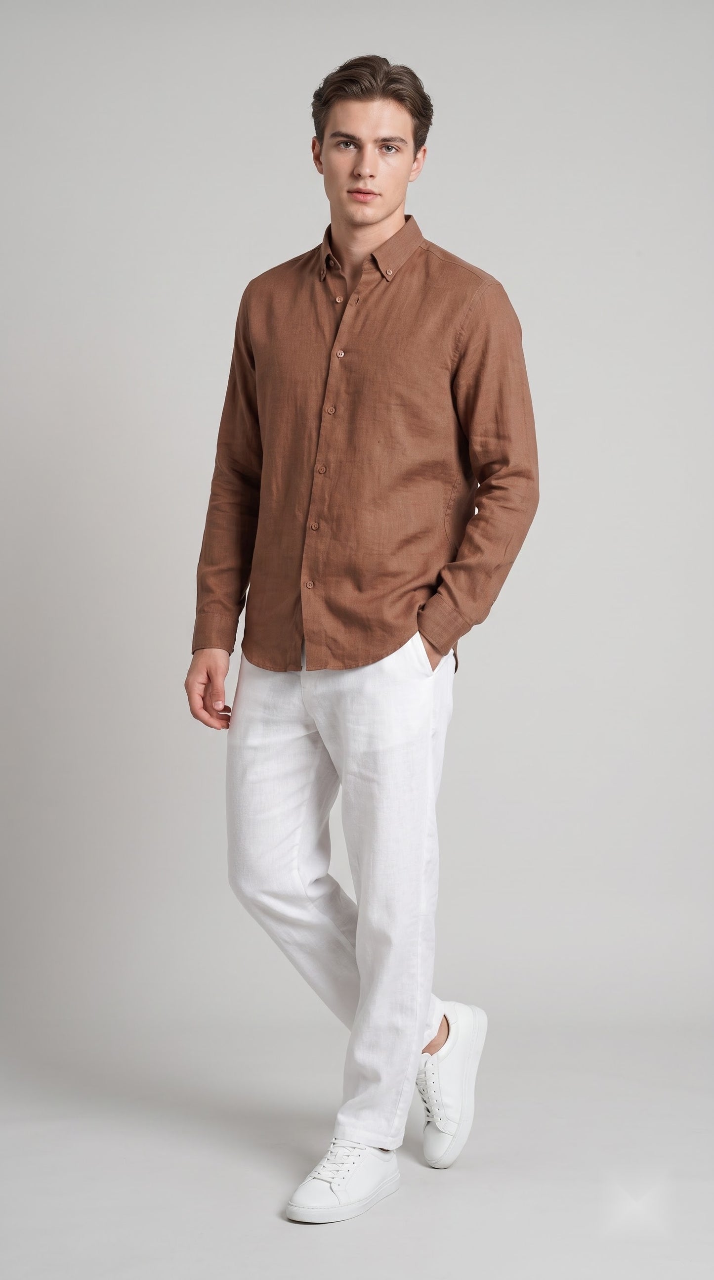 Rust Brown Linen Regular Fit Shirt