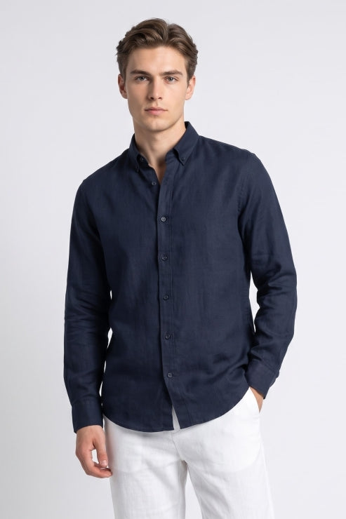 Dark Blue Linen Regular Fit Shirt