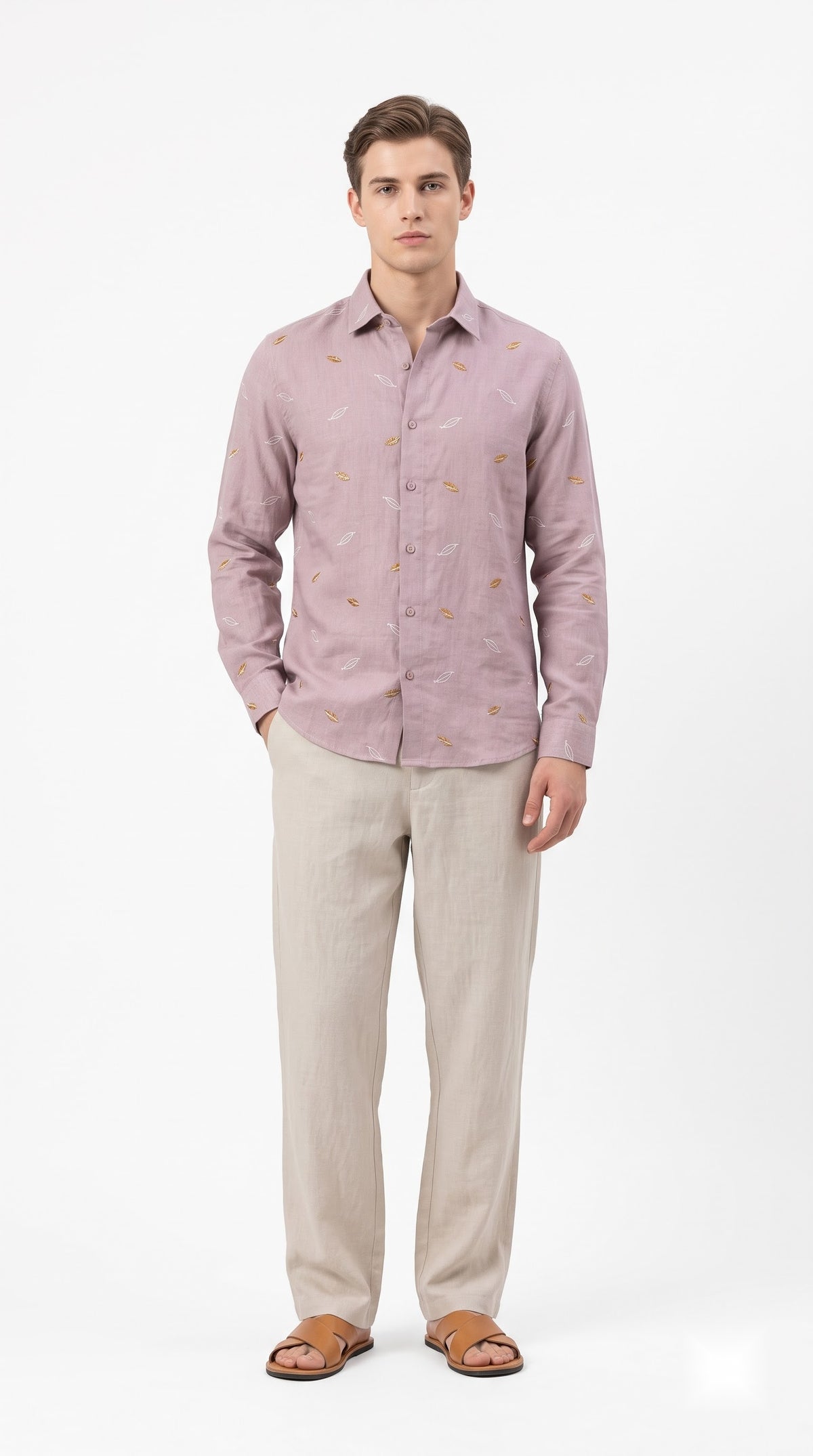 Leaf Embroidered Linen Shirt - Pink