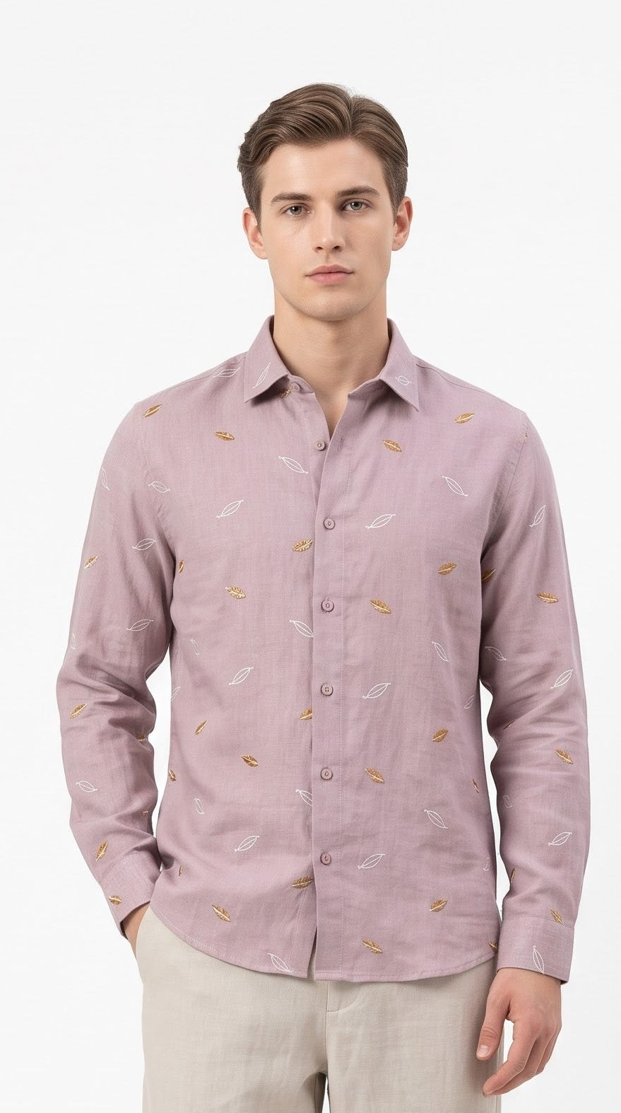 Leaf Embroidered Linen Shirt - Pink