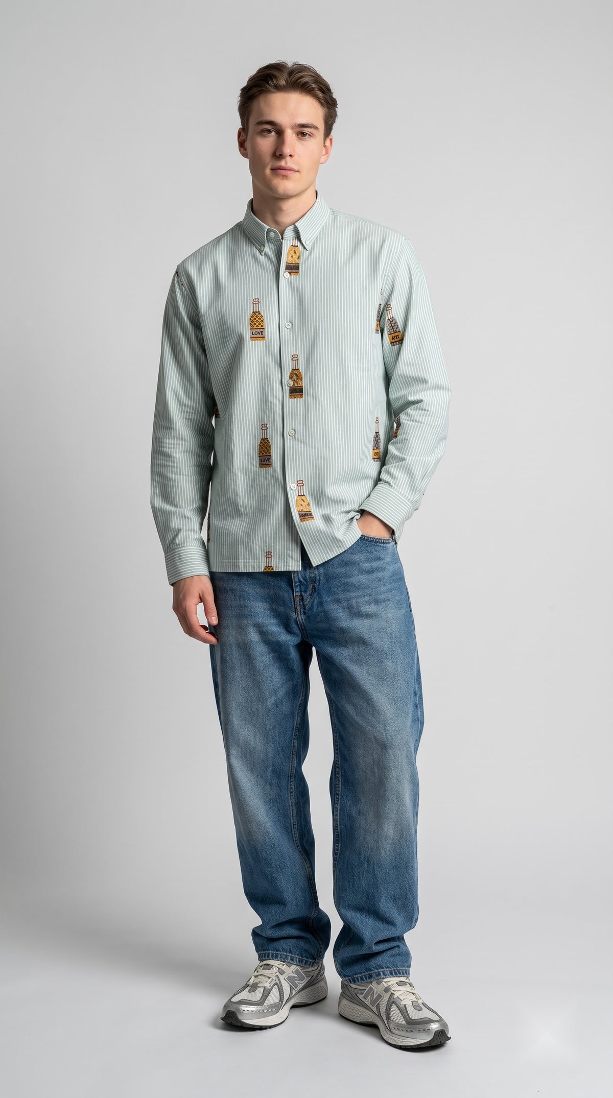 Bottle Embroidered Striped Boxy Fit Shirt - Sage Green