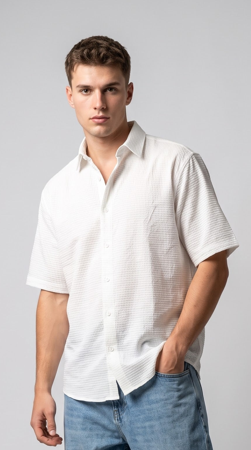 Textured White Waffle Shirt