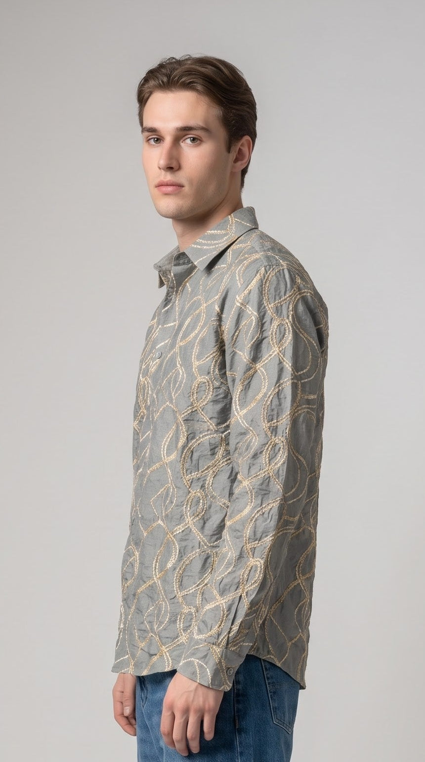 Abstract Embroidered Crushed Texture Shirt - Grey
