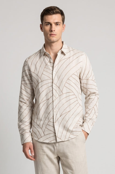 Abstract Line Embroidered Linen Shirt