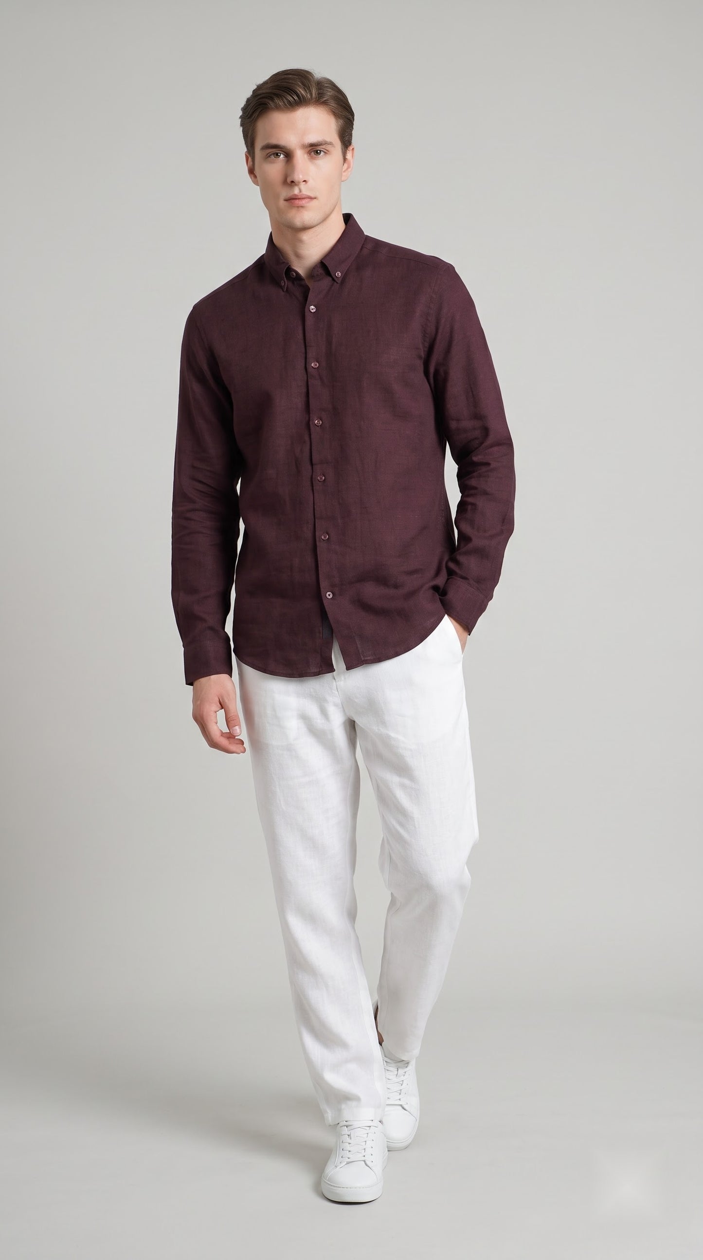 Burgundy Linen Regular Fit Shirt