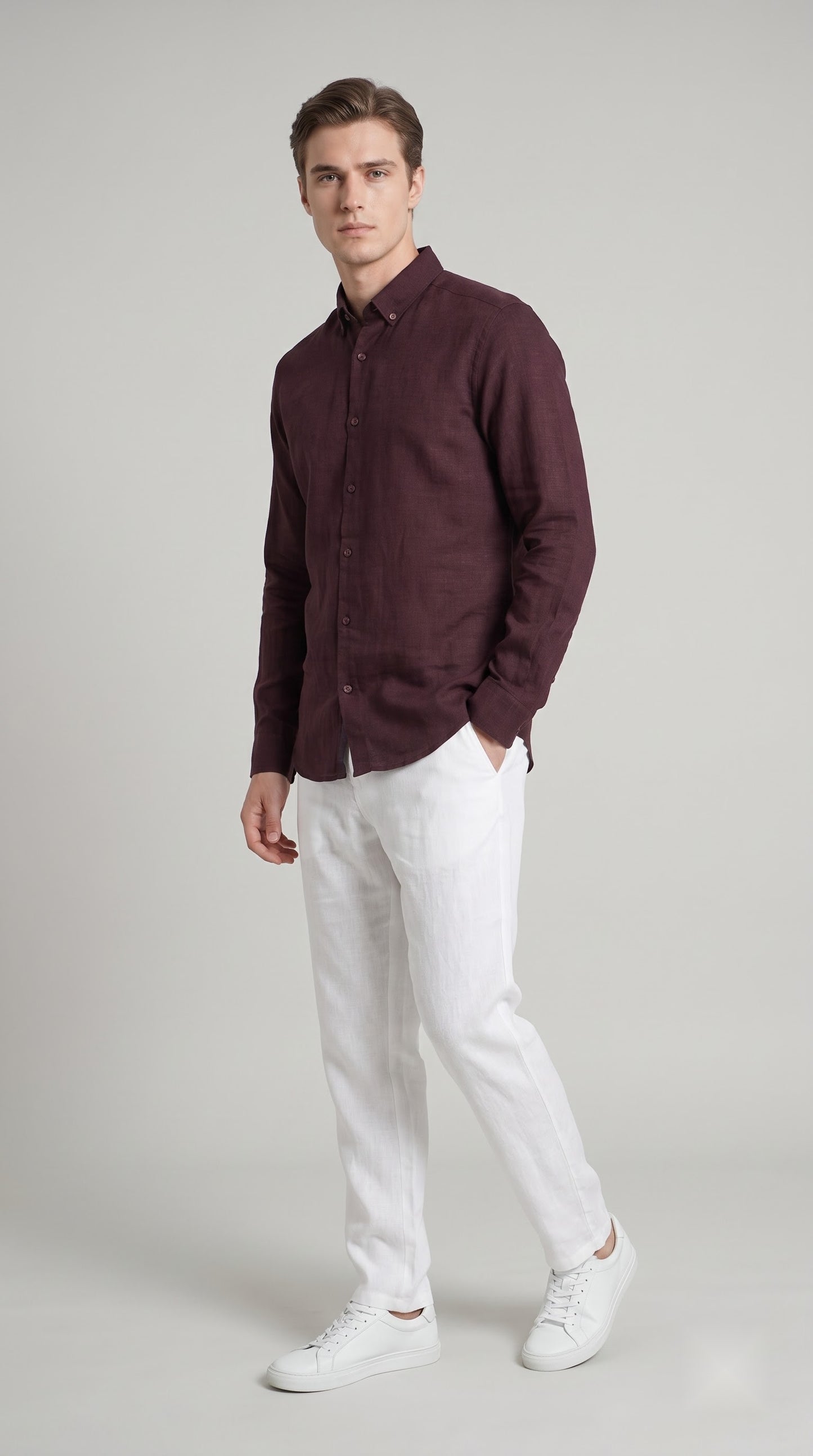 Burgundy Linen Regular Fit Shirt