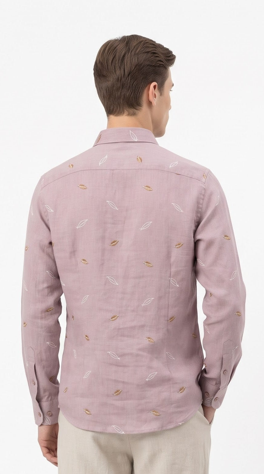 Leaf Embroidered Linen Shirt - Pink