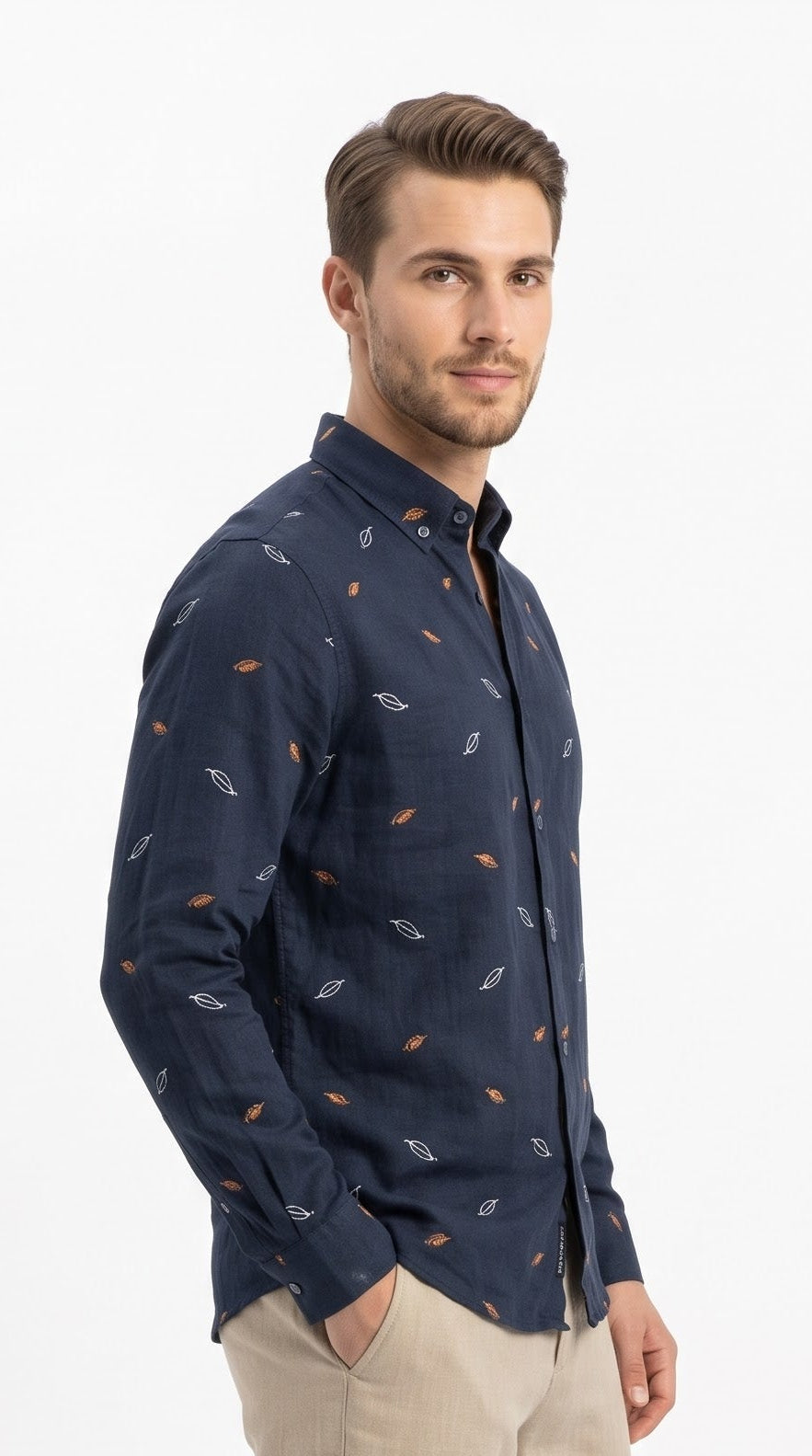 Leaf Embroidered Linen Shirt - Navy
