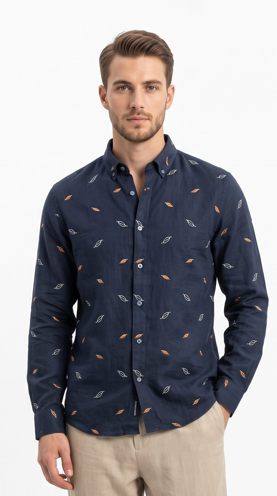 Leaf Embroidered Linen Shirt - Navy