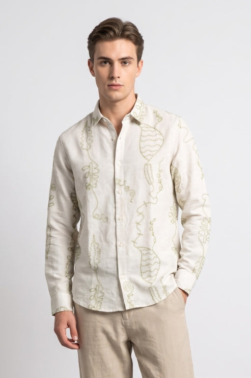 Abstract Design Embroidered Linen Shirt