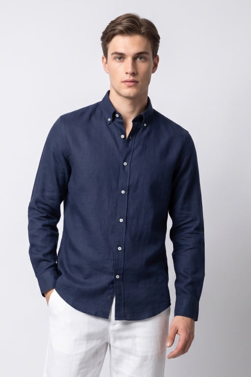 Navy Blue Linen Regular Fit Shirt