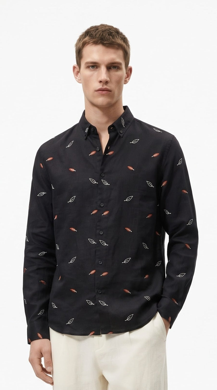 Leaf Embroidered Linen Shirt - Black