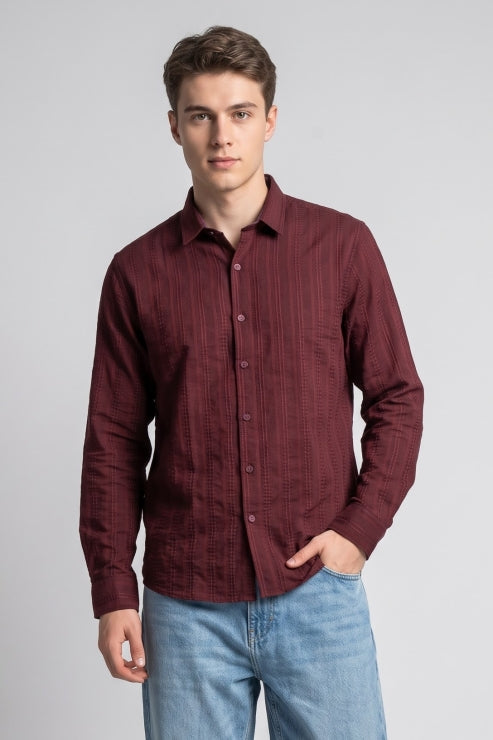 Red Embroidered Stripe Regular Fit Shirt