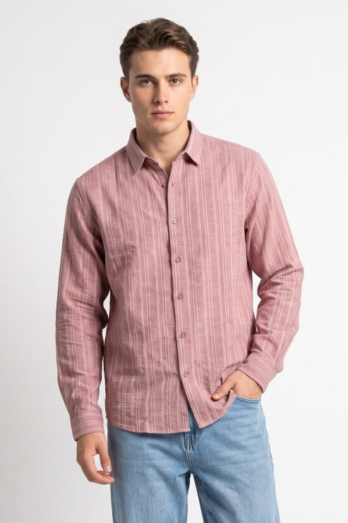 Pink Embroidered Stripe Regular Fit Shirt